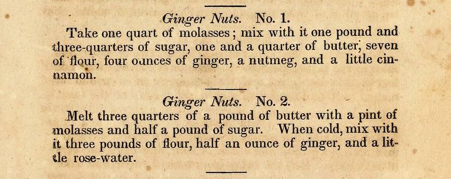 Printed recipes for Ginger Nut cakes, 1851.