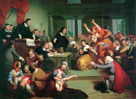 Painting of the chaos of a witch trial, 1692. Multiple people are pointing at the accused.