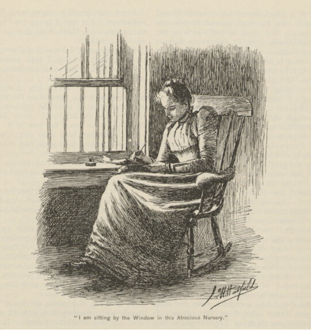 Illustration of the narrator sitting in a chair, writing.