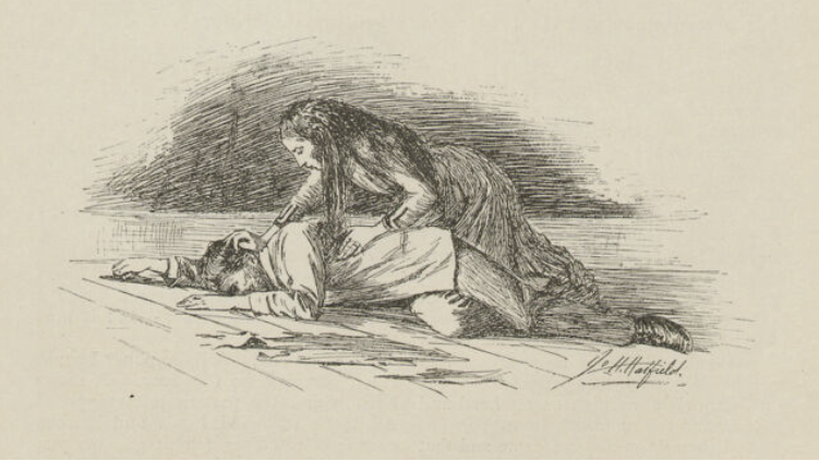 Illustration of the narrator crawling over John.