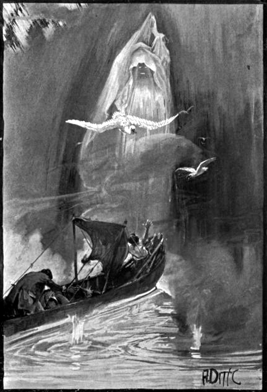 Illustration for Edgar Allan Poe's The Narrative of Arthur Gordon Pym, captioned "There arose in our pathway a shrouded human figure" - a line towards the very end of the novel. From Arthur Gordon Pym: A Romance By Edgar Allan Poe, published by Downey & co., 1898.