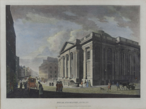 An 18th century coloured engraving of the Royal Exchange in Dame Street, Dublin (now the City Hall), from James Malton's "Views of Dublin".