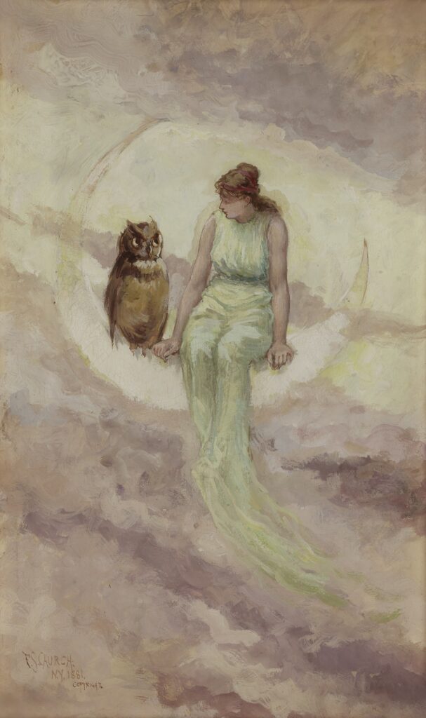 Watercolour of woman sitting on crested moon with an owl.