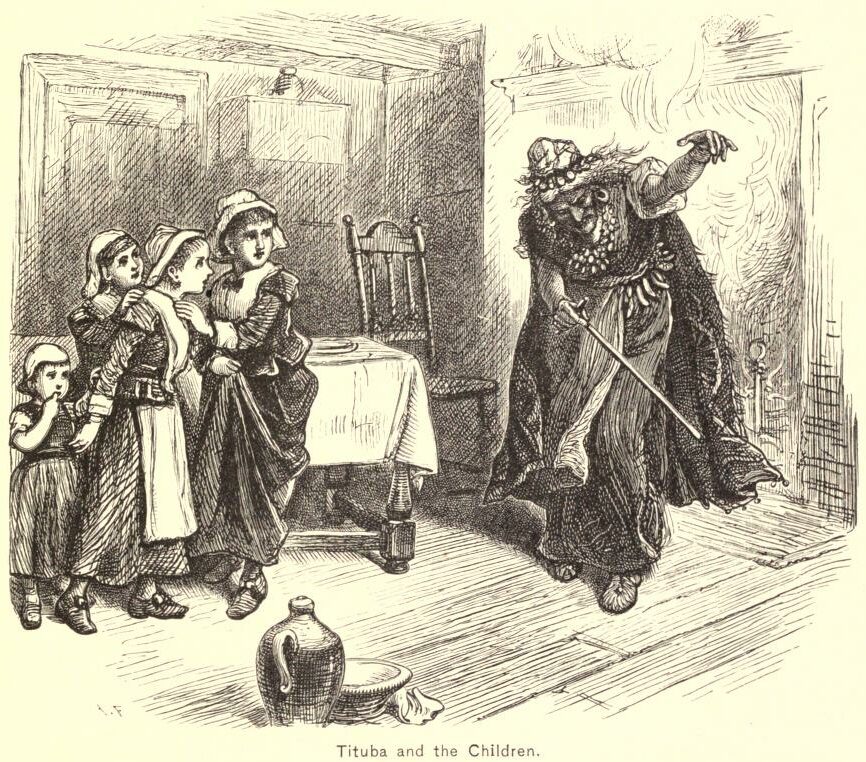 Illustration of Tituba telling stories to puritan children.