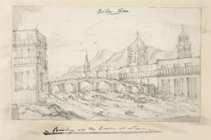 View of the bridge over the Rio Rimac, Lima, Peru, 1853 drawing.