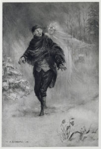 Ichabod Crane imagining a phantom at his shoulder.American ghost story and folk tale.