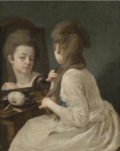 An interior with a young lady at her toilet, combing her hair before a mirror.