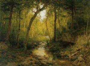 Landscape painting of a forest and creel, 1881.