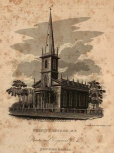 Page 10 of The New York mirror ; a weekly gazette of literature and the fine arts v.5 1827-1828, showing the New York Trinity Church. Black and white on sepia page. Cropped for fit.