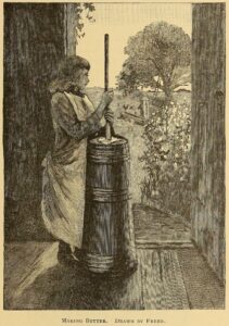 Cropped from original page. Page 207 of "American art and American art collections; essays on artistic subjects" by Water Montgomery, 1889. Girl using churn to make butter.