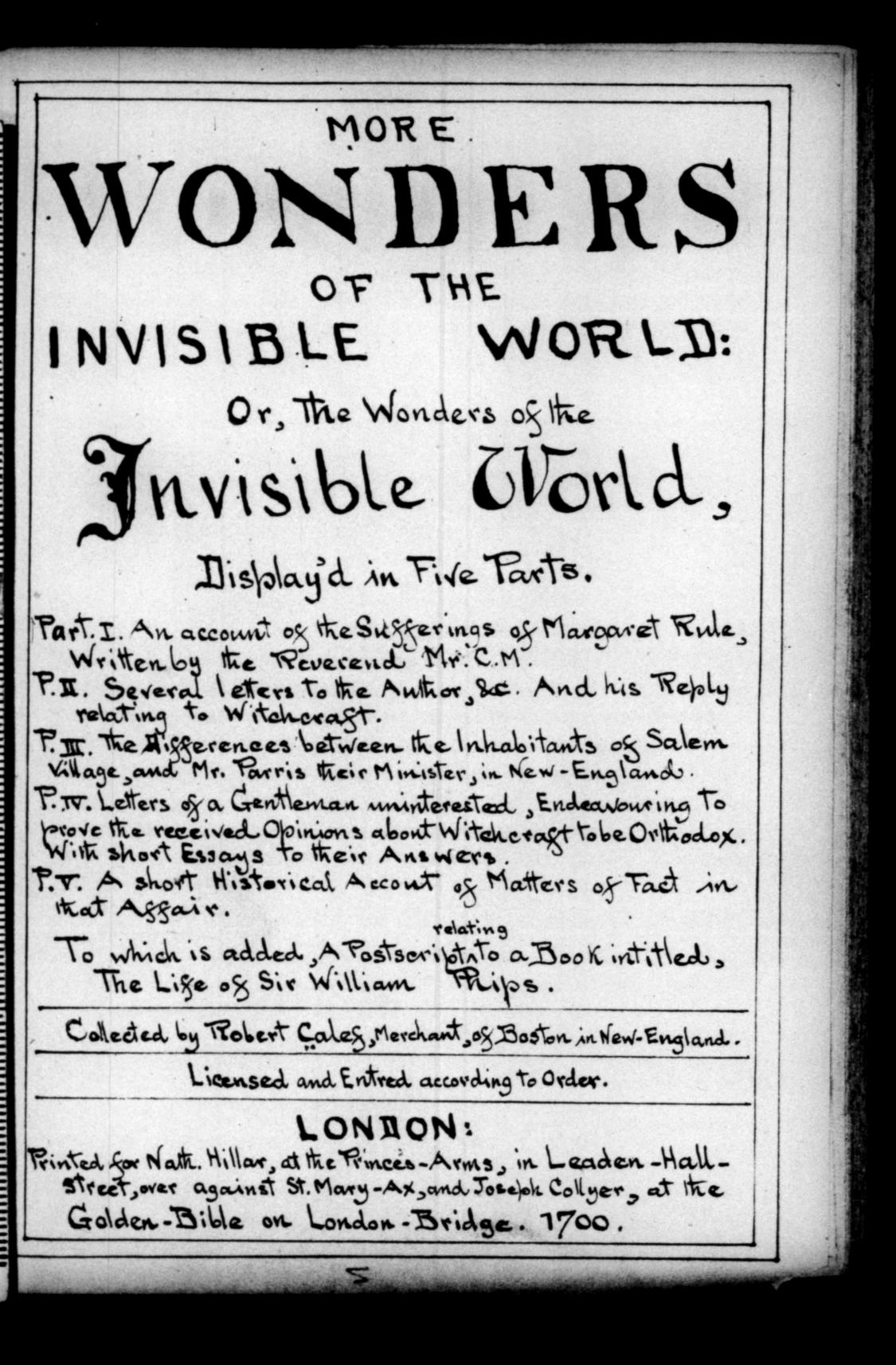 Title page of More wonders of the invisible world, 1700.