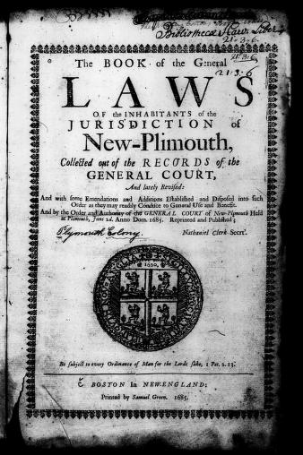 Title page of The book of the general laws of the inhabitants of the jurisdiction of New- Plimouth, 1685.