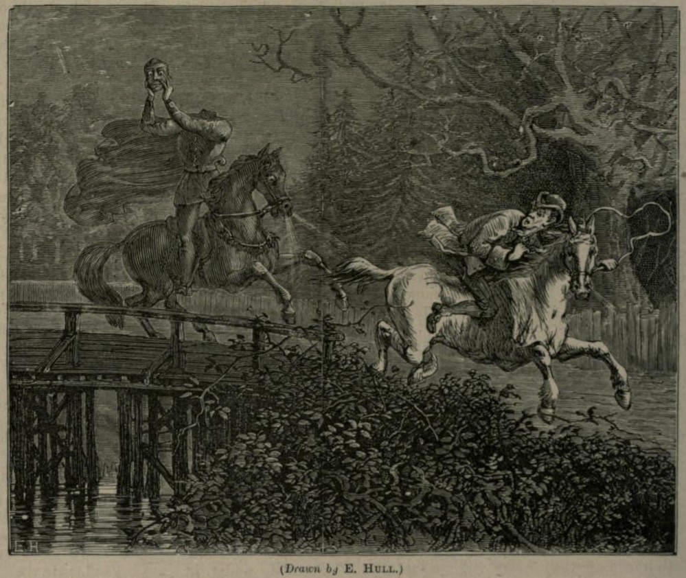 Headless Horseman pursuing Ichabod Crane. Page 136 of Cassell's Illustrated readings [v. 1], by Tom Hood (1835-1875).