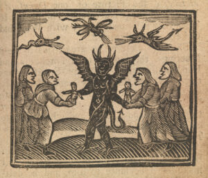 Witches handing wax dolls to the devil.