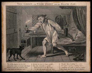 A man is woken by the ghost of a friend calling to him: he crosses his bedroom in a nightshirt and holding a candle, and is annoyed to find it is a cat. Engraving, 1801.