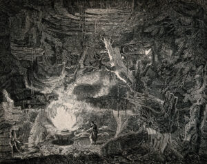 A moon light scene of a forest where Ismen the magician is sacrificing to demons and invoking them to rise.