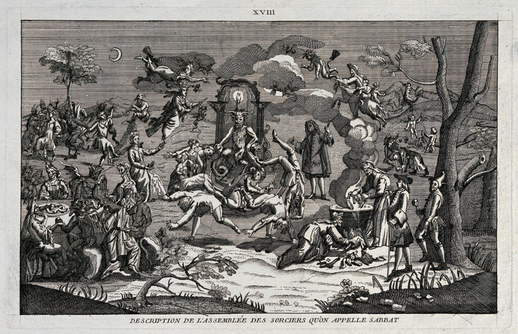 Description de l'assemblée des sorciers qu'on appelle sabbat. Bears number: XVIII. Engraving with etching. Satan sits on his throne at the centre of a witches' sabbath. Four figures around the throne dance acrobatically and convulsively. Right foreground, two witches cook dismembered infants in a cauldron; left foreground, devils and witches feast on them.