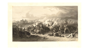 Battle scene between Englishmen and Scotsmen with, at centre, Scotsman swinging an axe, and English officer falling off his horse. 1852 Lithograph printed with tint stone.