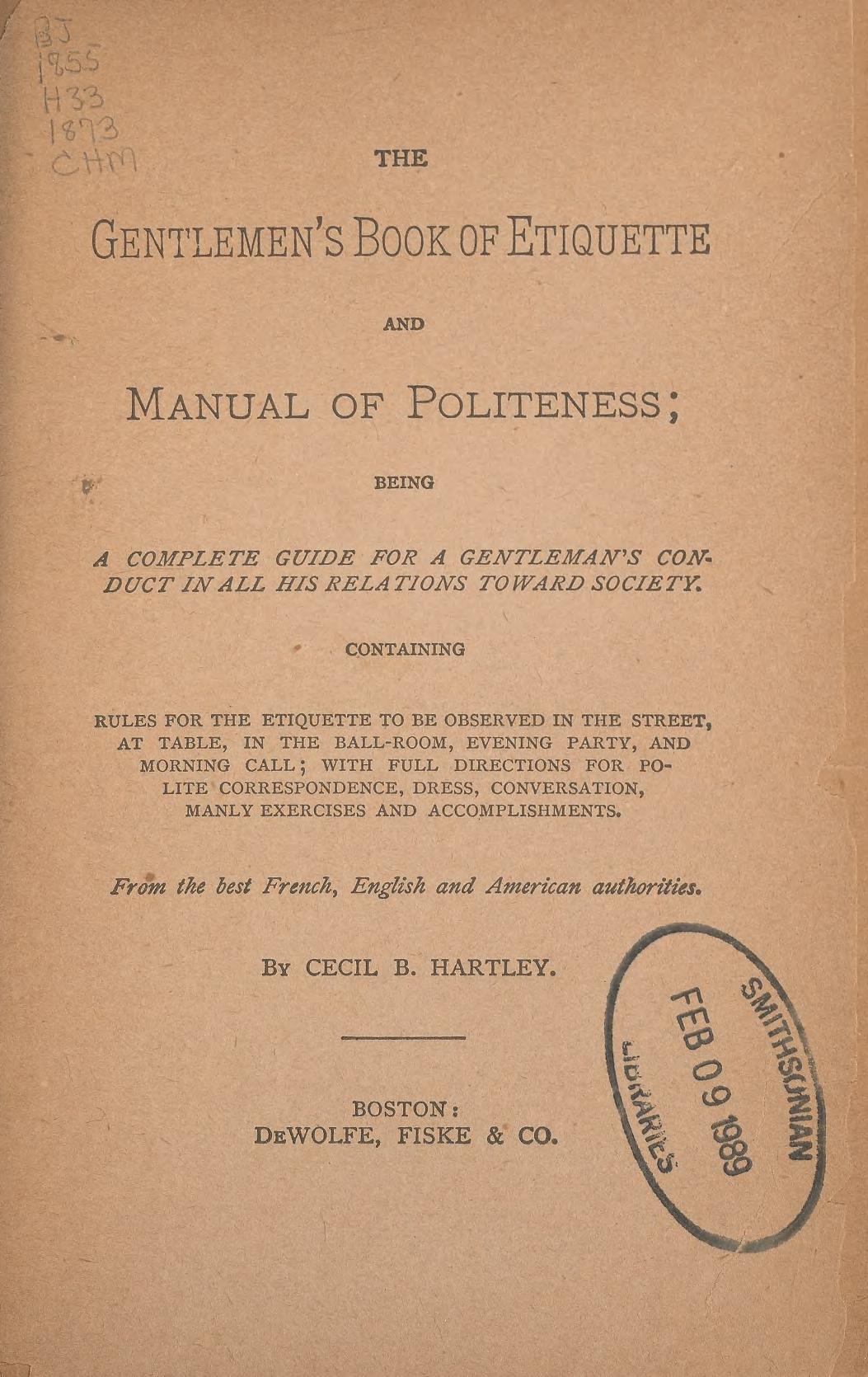 Title page for "The gentlemen's book of etiquette, and manual of politeness," 1873.