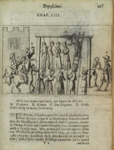 Drawing of "witches" in England being hanged, 1655.