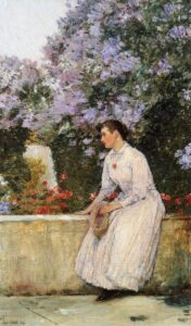 Impressionist paining of a woman sitting dreamily in a garden.