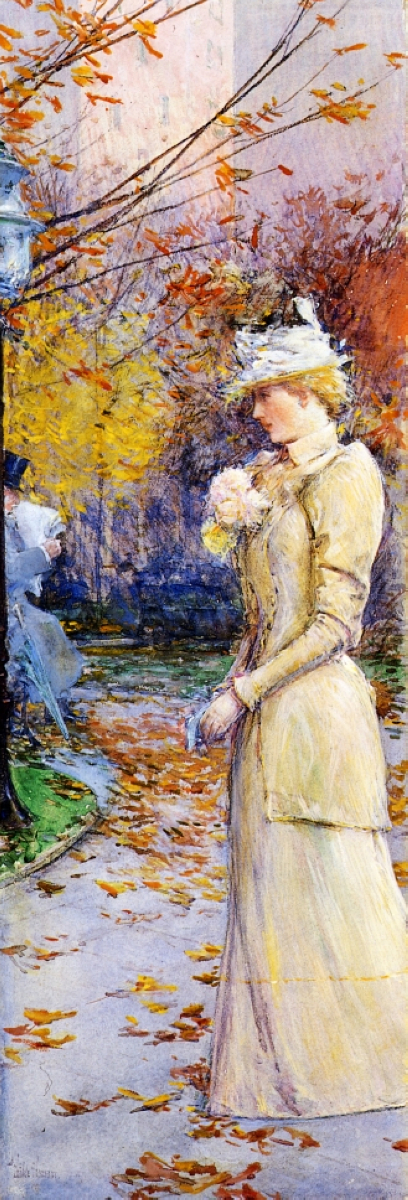 Impressionist painting of woman walking; trees behind are fall colours.