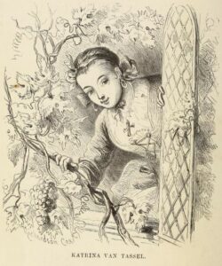 Illustration of Katrina Van Tassel looking out a window. From "The legend of Sleepy Hollow, and The spectre bridegroom," 1875.