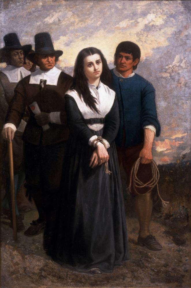 Oil painting on canvas depicting a young woman being led to her execution during the Salem, Massachusettes witchcraft terror.