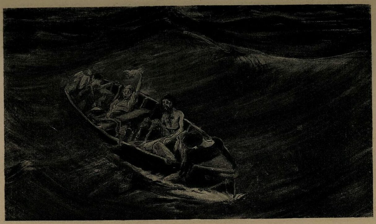 Illustration of the three men in a boat from 1914 story collection "The Works of Edgar Allan Poe, Tales of Adventure and Exploration V." Page 269.