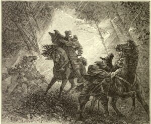 Illustration of George Burroughs being apprehended on horseback.