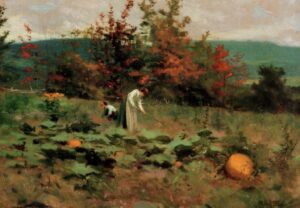 Painting of two people tending to a pumpkin patch in autumn.