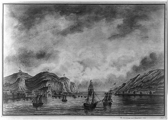 Drawing shows view from aboard a ship of other ships off the Narrows, with buildings along the shore, and Union Jack flags (possibly after a pre-Revolution drawing).