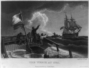 Print shows four men on wrecked boat being rescued by men in rowboat.