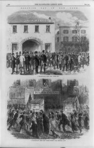 Election day in New York," 1864. Two drawings; depicts election day in wealthy neighborhood and poor neighborhood.