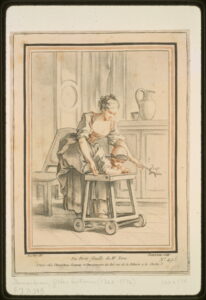 Illustration of mother with child in play chair.