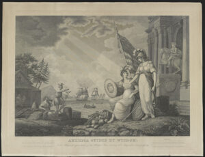 Allegorical print shows America as a woman in Grecian dress and feathered helmut with Roman deities Minerva, Ceres, and Mercury to symbolize wisdom, commerce, and agriculture. To their right is a triumphal arch celebrating victories during the War of 1812 and an equestrian statue of George Washington. A beehive and cornucopia symbolize industry and prosperity while a woman spinning represents domestic work.