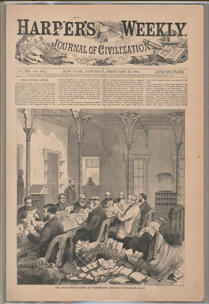 Page from Harper's weekly, v. XII, no. 582 (1868 February 22), p. 113. Illustration shows men seated at a table examining mail with overflowing sacks of mail on the floor.