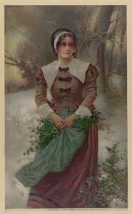 Puritan woman, standing in snow, holding holly in her apron.