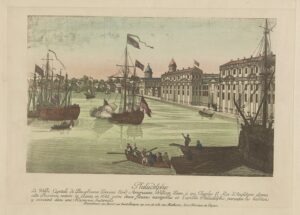 Print shows men in boats and ships along the waterfront in Philadelphia, Pennsylvania, 1790.