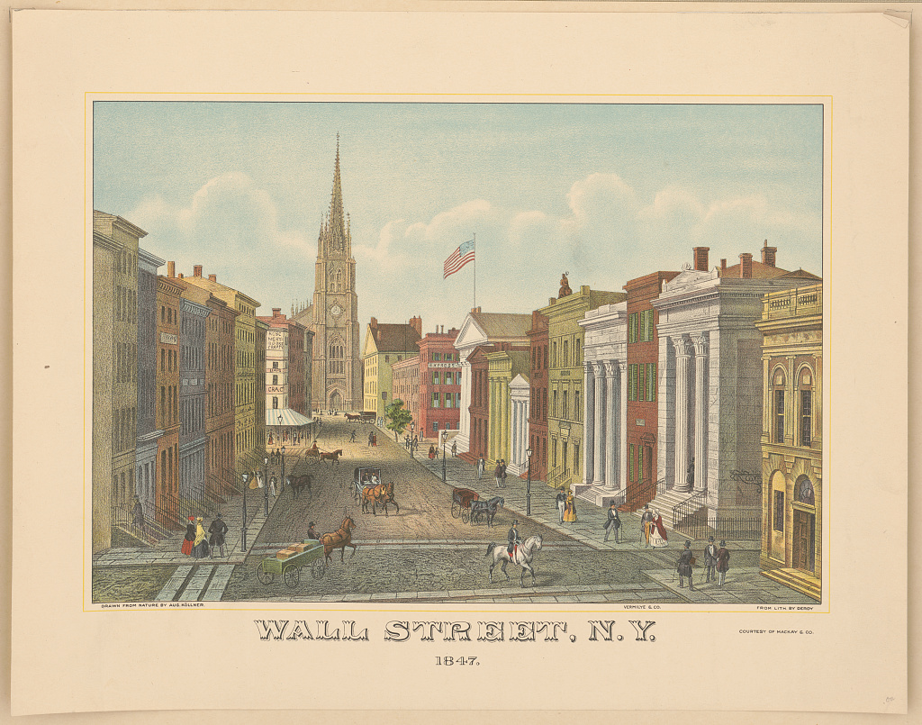 Colour drawing of Wall Street in 1847.