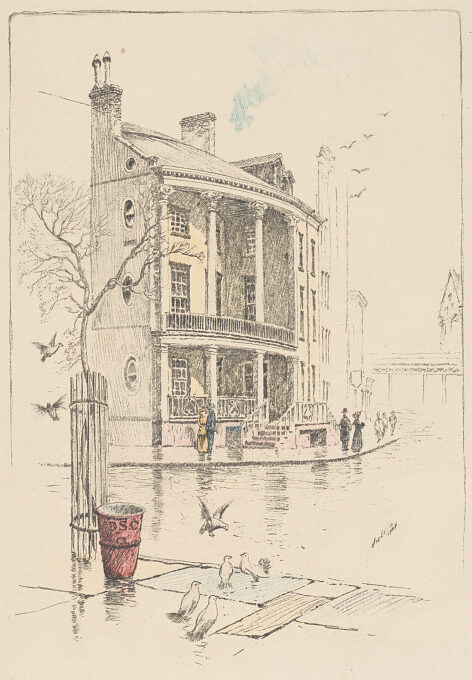 Print shows a street level view of the James Watson House, also known as the Moses Rogers' House, at No. 7 State Street in New York City, a corner house with columns on the first and second floor porches, also shows pedestrians on the sidewalk in front, and a protected tree, a trash can labeled "D.S.C.", and birds in the foreground; prior to the addition of the Shrine of St. Elizabeth Ann Bayley Seaton next door.