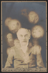 John K. Hallowell and fifteen (15) other faces; Spirit photograph shows portrait of John K. Hallowell and super-imposed faces of fifteen deceased people including George Washington and Queen Victoria.