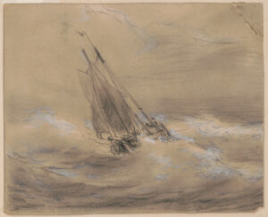 Drawing shows a sailboat buffetted by waves during a storm.