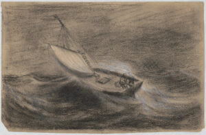 Drawing shows a small sailboat, with two men on board, buffetted by waves.