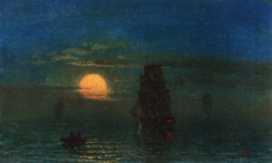 Ships in Moonlight, c. 1859, by Albert Bierstadt. Oil on board.