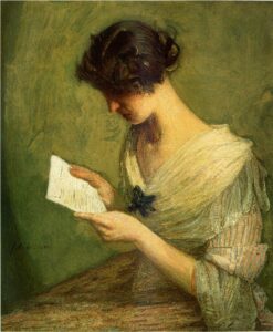 Impressionist painting of a woman reading a letter.