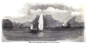 "Fleet of Malay Pirates and 'Royalist' Boat in Endeavour Straits," 1852, from The Illustrated London Times.