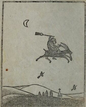 Frontispiece illustration of The witches: : a tale of New-England. : [Two lines of quotations]. Drawing of a witch riding a goat under a crescent moon, and swinging a broomstick.