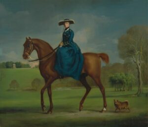 Painting of a woman in a blue riding kit astride a chestnut horse, with a small dog following.