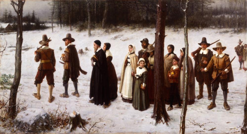 A group of pilgrims walk through snowy woods, heading to church, carrying rifles and bibles.